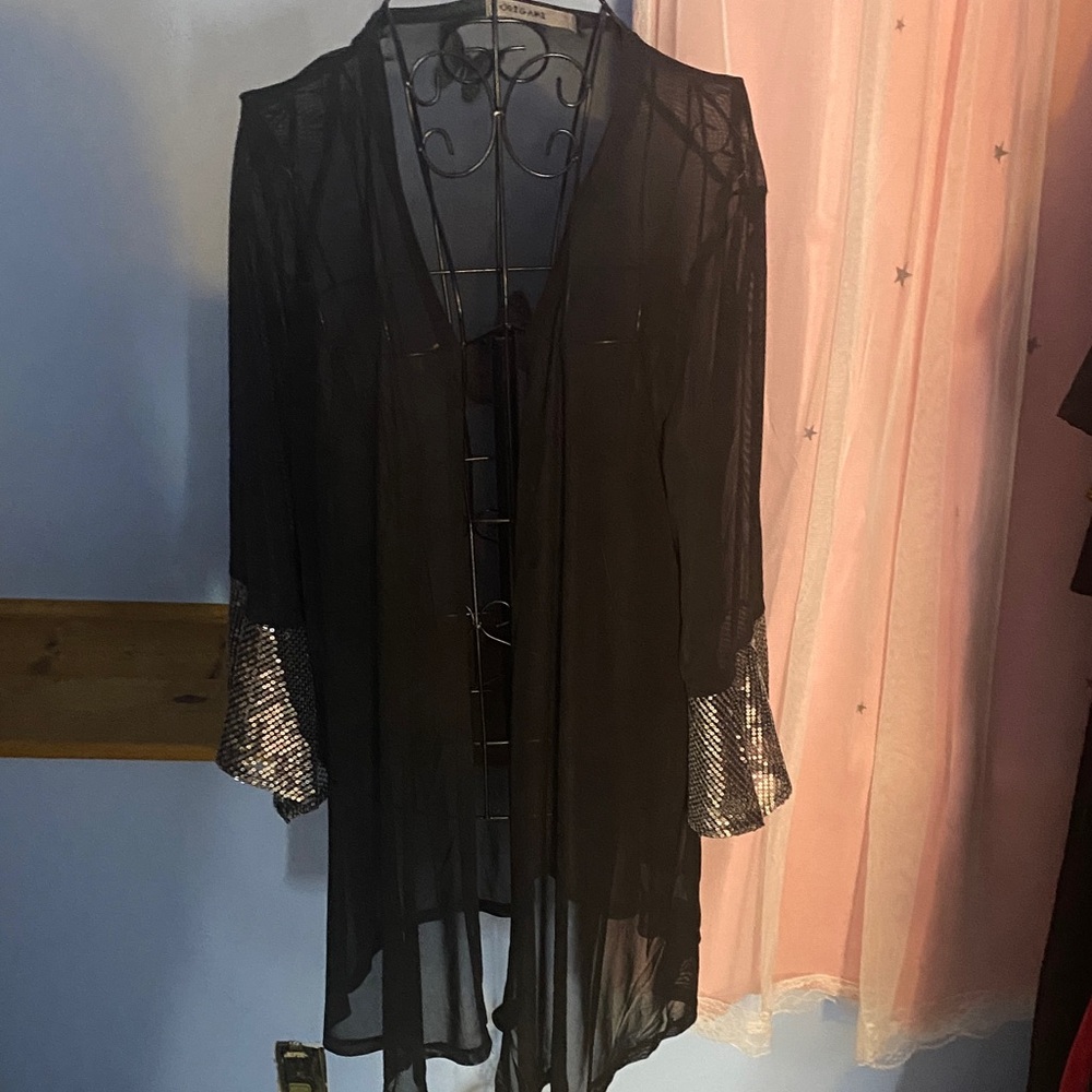 Chic Sheer Black Duster with Metallic Accents NWOT
